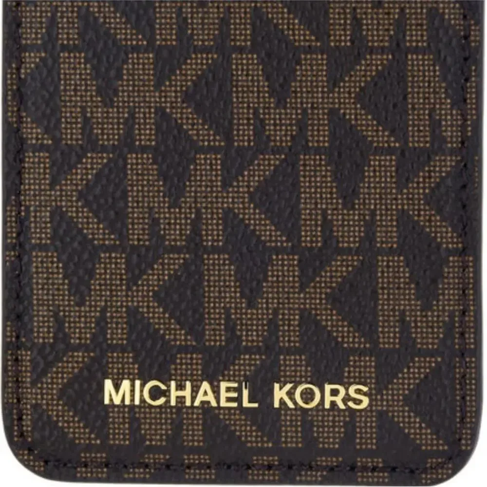 MICHAEL KORS Brown Gold Monogram Logo Leather Phone Pocket Sticker Wallet